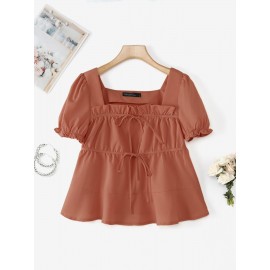 Plus Size - ZANZEA Women'S Plus Size Elegant Square Neck Blouse with Puff Sleeves & Tiered Ruffle Detail - Light Purple Solid Color, Non-Stretch Fabric, Perfect for Summer Commuting & Casual Outfits, Cute Blouse, Summer Fashion Top, Layered Ruffle Design, Nonstretch Fabric