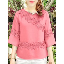 Plus Size, ZANZEA Women's Plus Size Elegant Blouse - 3/4 Sleeve Crew Neck Baggy Shirt, Lightweight All-Season Wedding Guest Dress-like Top, Machine Washable White Collar Blouse for Office, Party & Casual Attire (Plus Size Friendly)