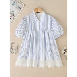 [ZANZEA Plus Size Blouse] Plus Size - ZANZEA Women's Plus Size Lightweight Elegant Blouse - Korean Style Striped & Lace Patchwork Stand Collar Puff Short Sleeve Single-Breasted Shirt, Breathable Summer Top for Office & Casual Outings, Versatile Clothing, Stylish Women