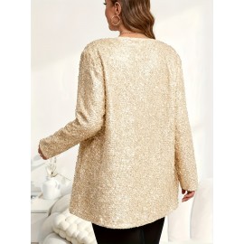 Plus Size, Women's Elegant Sparkling Sequin Jacket - Sequin-Encrusted Collar & Cuff, Structured Blazer Coat for Parties, Weddings, Prom - Shiny Blazer Outerwear (Hand Wash/Dry Clean) - Spring/Fall Formal Attire