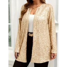 Plus Size, Women's Elegant Sparkling Sequin Jacket - Sequin-Encrusted Collar & Cuff, Structured Blazer Coat for Parties, Weddings, Prom - Shiny Blazer Outerwear (Hand Wash/Dry Clean) - Spring/Fall Formal Attire