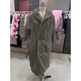 Plus Size - Women'S Plush Fleece Coat - Elegant Hooded Winter Jacket with Double-Breasted Front Closure, Soft Plush Collar & Full-Length Zipper