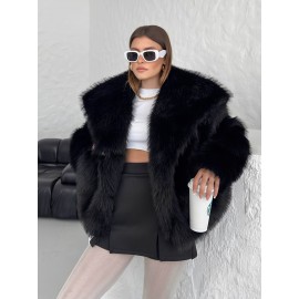 Women's Plus Size Elegant Faux Fur Coat - Plush Winter Jacket with Oversized Lapel Collar, Hand Washable Solid Color Outerwear for Fall & Winter, Ladies Winter Coats, Cold Weather Wear, Sophisticated Style, Soft Texture, Fashion Lovers, Seasonal Fashion, Cozy Texture, Fashionconscious Women