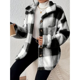 Plus Size, Women's Plus Size Elegant Plaid Jacket with Teddy Bear Collar & - Cozy Winter Coat, Black & White Check Pattern, Button Front Closure, Machine Washable Long Sleeve Outerwear for Fall/Winter (Casual to Formal) - Warm
