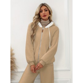 Plus Size - Women'S Cozy Fleece-Lined Hooded Jacket - Oversized Zip-Up with Drawstring, White, All-Season Comfort, Casual Style, Casual Winter Wear | Oversized Hooded Jacket | Zippered Hoodie, Winter Hoodie