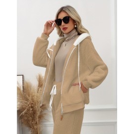 Plus Size - Women'S Cozy Fleece-Lined Hooded Jacket - Oversized Zip-Up with Drawstring, White, All-Season Comfort, Casual Style, Casual Winter Wear | Oversized Hooded Jacket | Zippered Hoodie, Winter Hoodie