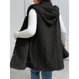 Plus Size - Women'S Plus Size Fuzzy Jacquard Hooded Vest Jacket - Thick Warm Winter Coat with Single-Breasted Button Front, Sleeveless Mid-length Solid Color Elegant Outerwear For Fall & Winter