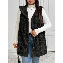 Plus Size - Women'S Plus Size Fuzzy Jacquard Hooded Vest Jacket - Thick Warm Winter Coat with Single-Breasted Button Front, Sleeveless Mid-length Solid Color Elegant Outerwear For Fall & Winter