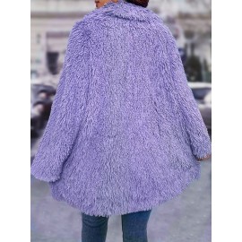 Plus Size - Women'S Plus Size Elegant Furry Coat - Long Sleeve Winter Jacket with Plush Fur Trim, Solid Color Design for Fall/Winter, Casual & Formal Outfits - Easy Care Hand Washable Outerwear