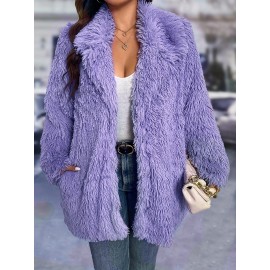 Plus Size - Women'S Plus Size Elegant Furry Coat - Long Sleeve Winter Jacket with Plush Fur Trim, Solid Color Design for Fall/Winter, Casual & Formal Outfits - Easy Care Hand Washable Outerwear