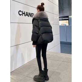 Plus Size - Plus Size, Women'S Elegant Winter Coat with Plush Faux Fur Collar & Full-Zip Front - Thickened Warm Outerwear, /Neutral Tones, Loose Fit Long Jacket for Fall & Winter, Plus Size Available, Winter Coats For Women