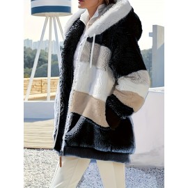 Plus Size Striped Fuzzy Hooded Coat - Soft, Warm, and Cozy Long Sleeve Zipper Coat for Fall and Winter - Women's Casual Outerwear for Cold Weather