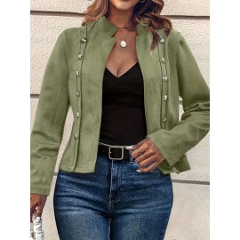 1pc Women'S Plus Size Casual Polyester Jacket with Faux Buttons, Solid Color Knitted Open Front Collar, Stretch Fabric, Autumn/Winter Outerwear