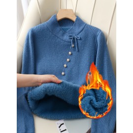 Women's Thick & Soft Sweater with Bow Buttons - Winter Warm Round Neck Long Sleeve Cozy Sweater, Beige & White Cable- Design, All-Season Casual Elegant Pullover for Fall and Winter Layering, Hand Wash or Dry Clean, Solid Color with Bow Detail, Medium Stretch, Relaxed Fit, Fleece Lining for Extra Warmth, Chic and Comfortable for Casual Attire, Cozy Sweaters For Women, Casual Long Sleeve Sweater, Oversized Knit Sweater, Colourfull Loose Sweater For Women,