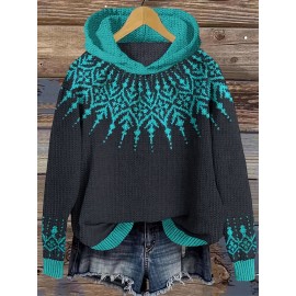 Women'S Elegant Hooded Sweatshirt - & Teal Color Block Pullover with Snowflake Pattern, Cozy Winter Sweater for Everyday & Formal Outfits