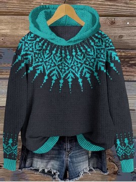 Women'S Elegant Hooded Sweatshirt - & Teal Color Block Pullover with Snowflake Pattern, Cozy Winter Sweater for Everyday & Formal Outfits
