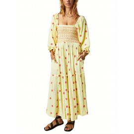 Women'S Floral Embroidered Maxi Dress with Puff Sleeves, Square Neck, Draped Tiered A-Line Skirt, 100% Polyester, Casual Summer Knit Fabric - Flowy Long Dress