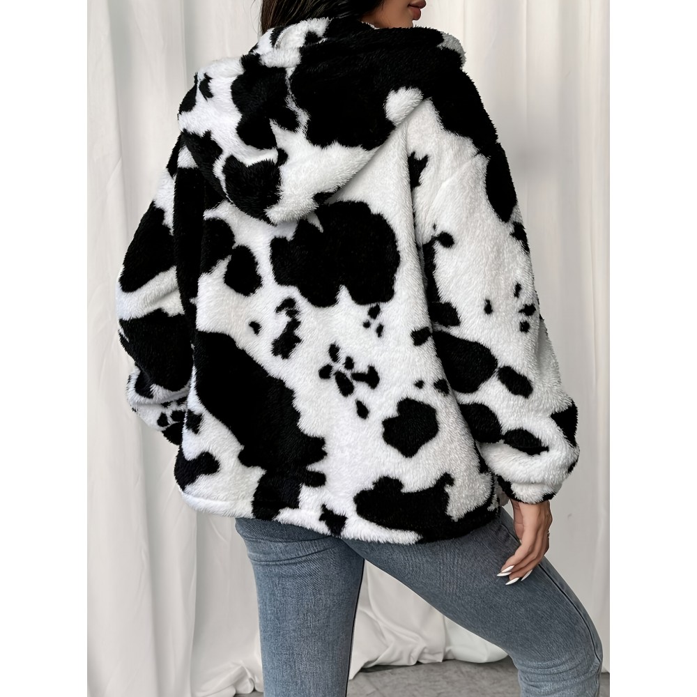 Plus-Size Women's Clothing | Cow Print Hooded Jacket | Black and White Printed Faux  Jacket with Pockets | Warm Autumn and Winter Jacket | Machine Washable | Elegant and Stylish Cow Print Jacket | Ideal for Casual Casual Attire