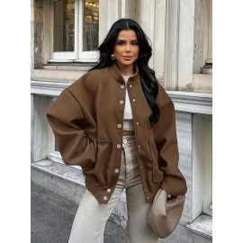 Plus Size, Women's Oversized Brown Jacket - Plus Size Casual Collar Coat with White Button Closure, Dropped Shoulder H-Line Silhouette & Chest Pocket - All-Season Outerwear for, Date, Everyday (Machine Washable) - Elegant Brown Blazer